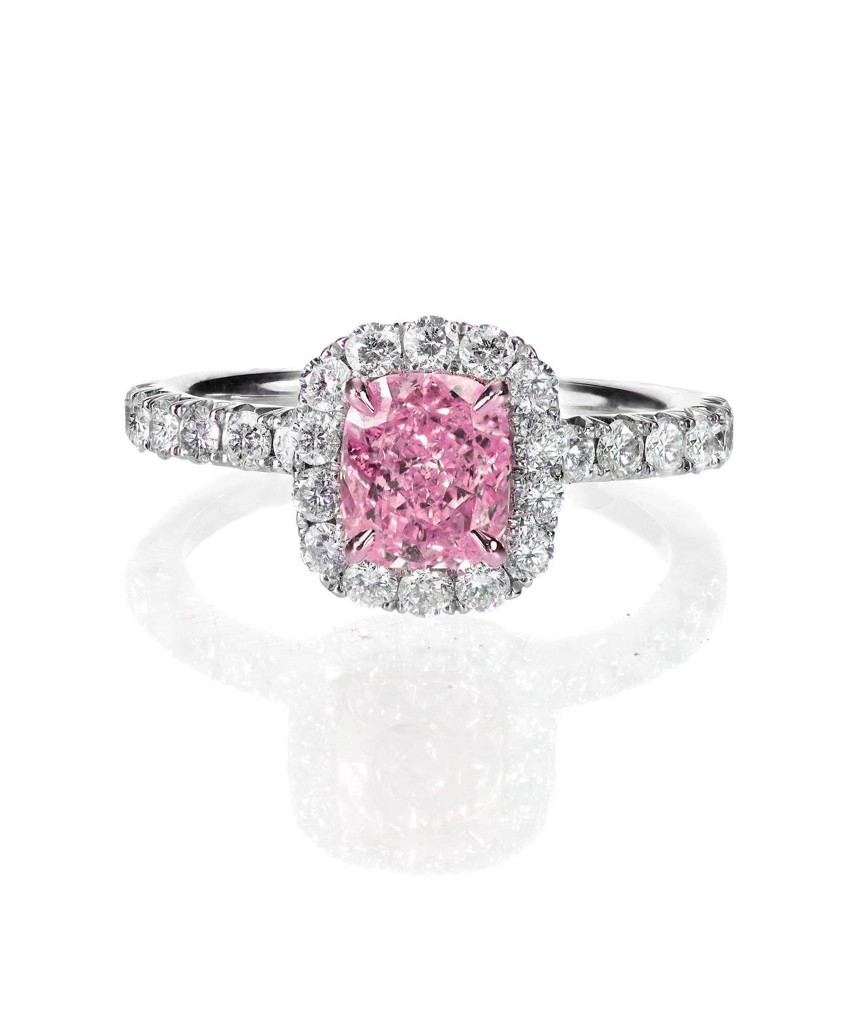 close up fancy pink cushion diamond ring side view